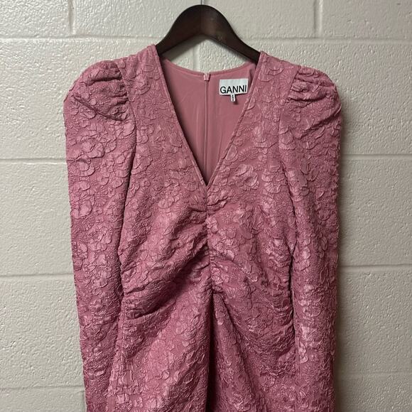 GANNI Stretch Jacquard V Neck Mini Dress in Orchid Smoke Pink Size 34 2 - Picture 6 of 15